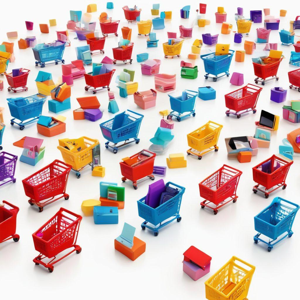 A vibrant online shopping scene featuring diverse, happy shoppers interacting with colorful digital devices showcasing products. Include joyful expressions, bright shopping carts overflowing with goods, and a warm, welcoming atmosphere. The background should have floating icons representing various products and a sense of ease and satisfaction. super-realistic. vibrant colors. white background.