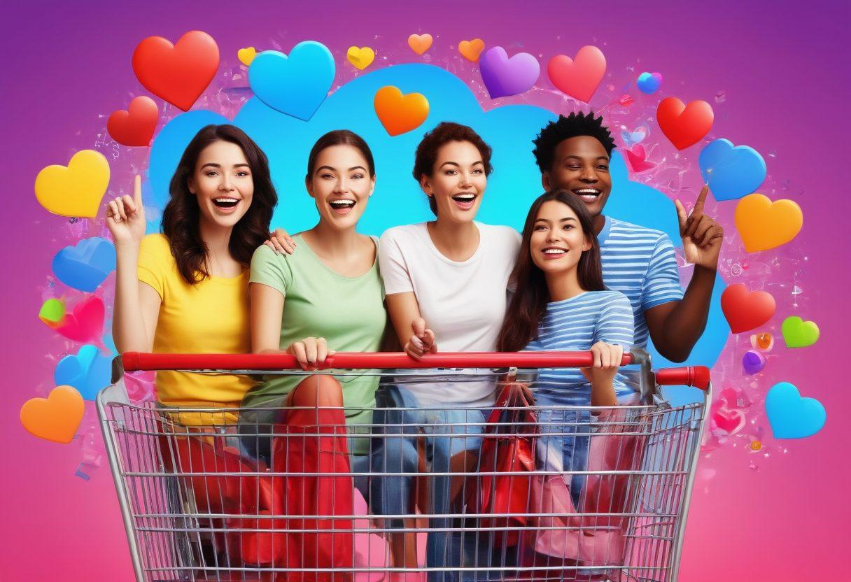 A vibrant depiction of a diverse group of happy consumers shopping online, surrounded by colorful digital interfaces showcasing various products. Include elements like shopping carts, smiling faces, and engaging customer service interactions. The background should be filled with abstract symbols of happiness and satisfaction, like thumbs-ups and hearts. super-realistic. bright colors. modern digital art.
